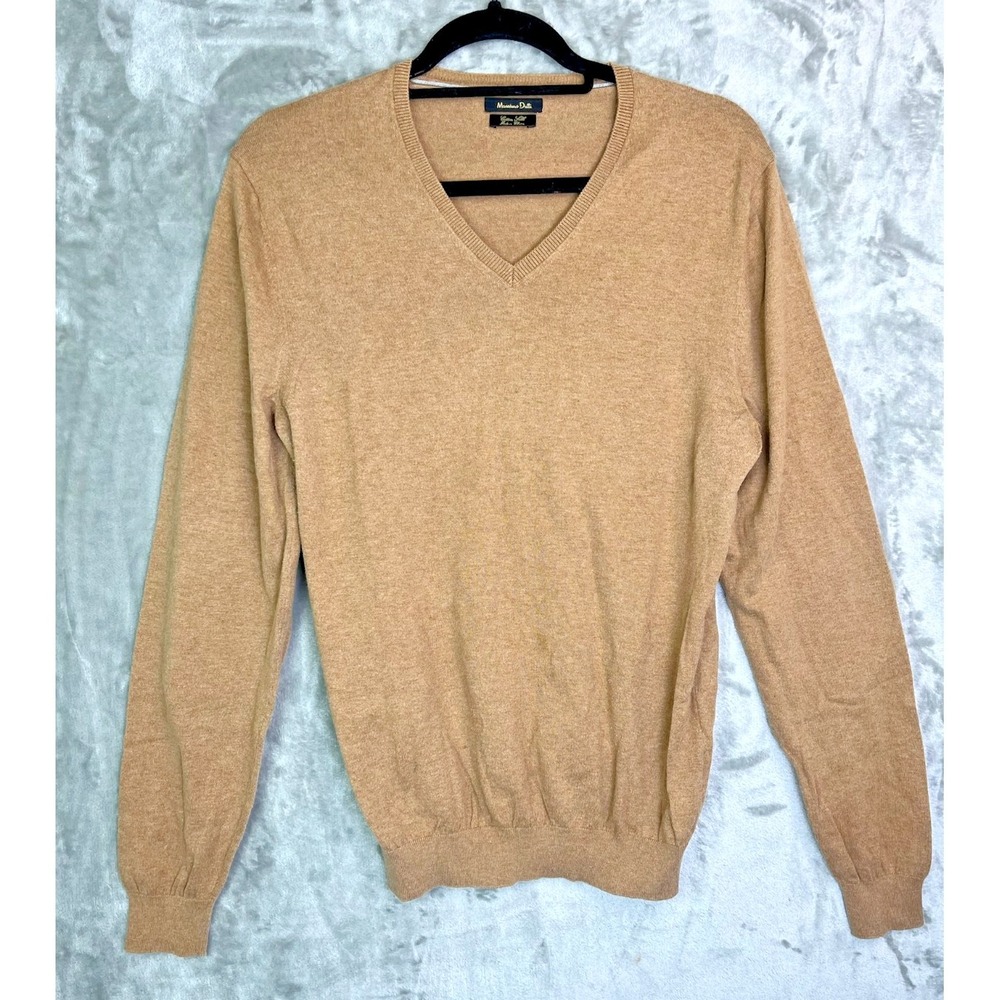 Massimo Dutti Mens M Camel Cotton Silk V-Neck Sweater Elbow Patches Preppy Lux
